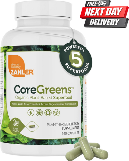 CoreGreens Super Greens Supplement bottle with spirulina and chlorella, 240 capsules