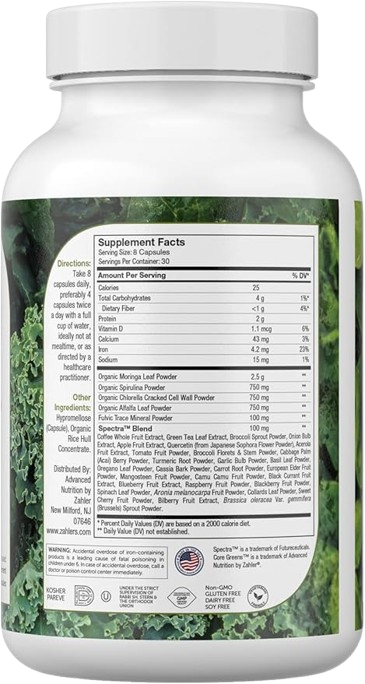 Zahler CoreGreens bottle angled view for daily greens dietary supplement