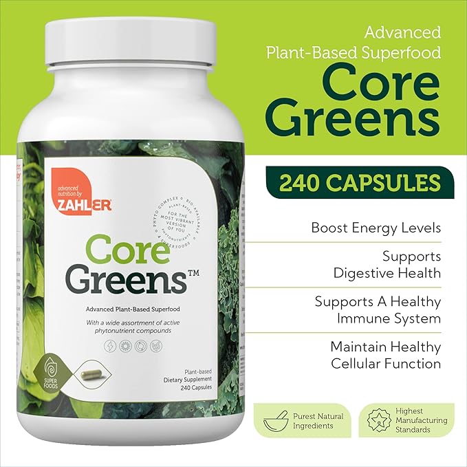 Supplement facts label for CoreGreens showing moringa, spirulina and chlorella blend