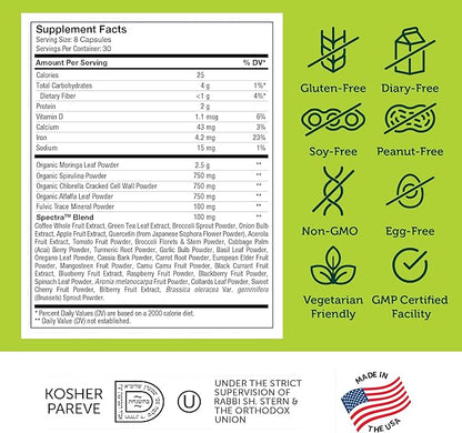 CoreGreens bottle side panel showing daily greens serving information
