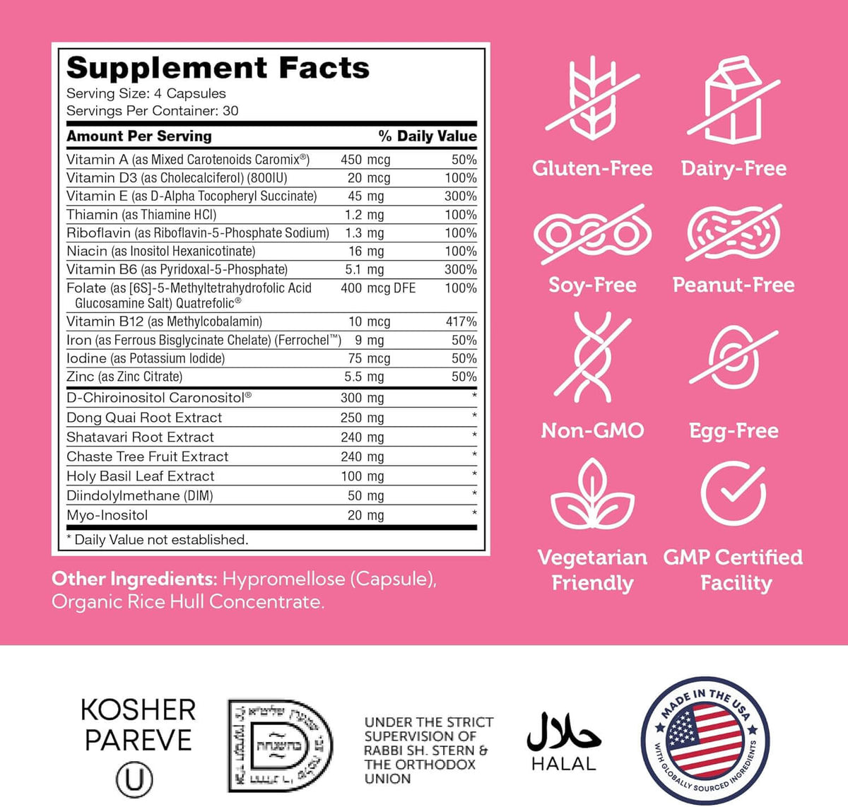Female Totality Supplement Facts Label – Dong Quai, Shatavari and DIM Dosage
