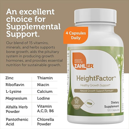 HeightFactor supplement facts panel showing calcium, vitamin D3 and zinc for bone growth