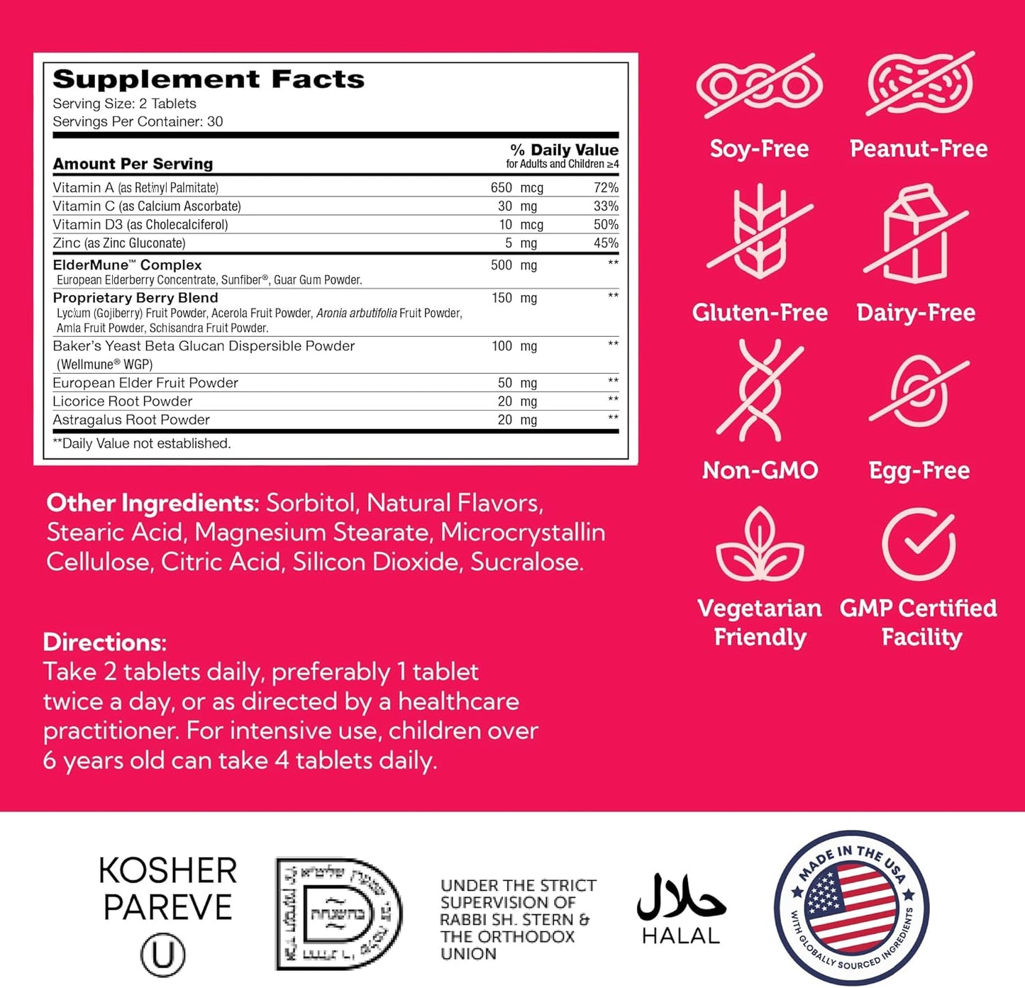 ImmuniKid Supplement Facts Label – Vitamin C, D3 and Zinc Dosage for Kids