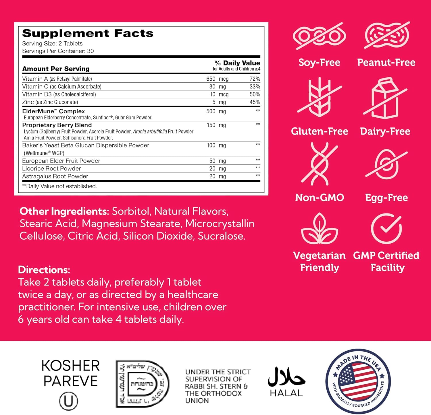 ImmuniKid Supplement Facts Label – Vitamin C, D3 and Zinc Dosage for Kids