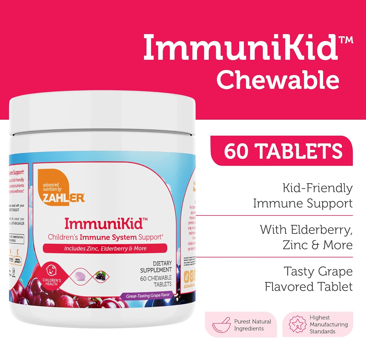 ImmuniKid Chewable Tablets Bottle for Daily Kids Immune Booster and Growth