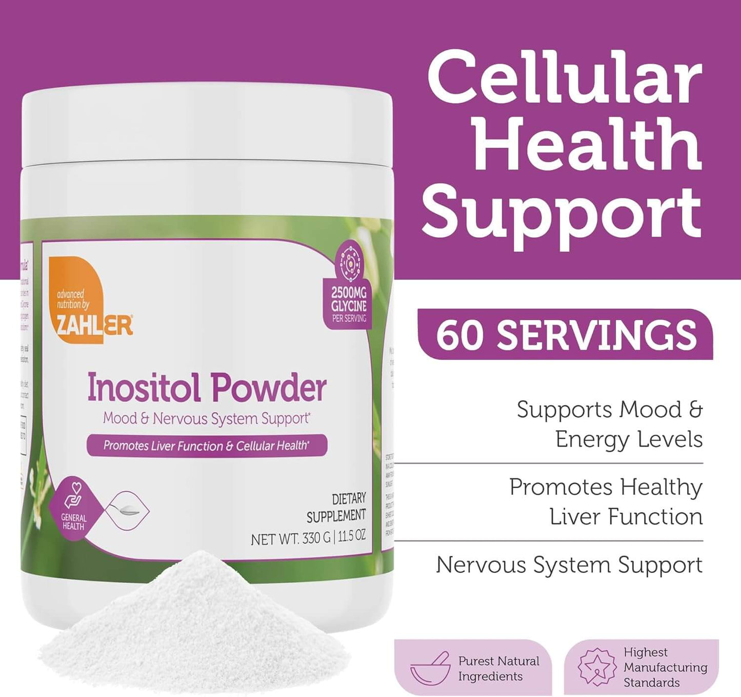 Inositol Powder Supplement Label Showing Serving Size and Hormone Balance Benefits