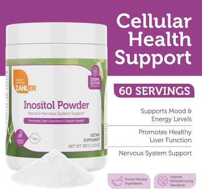 Inositol Powder Supplement Label Showing Serving Size and Hormone Balance Benefits