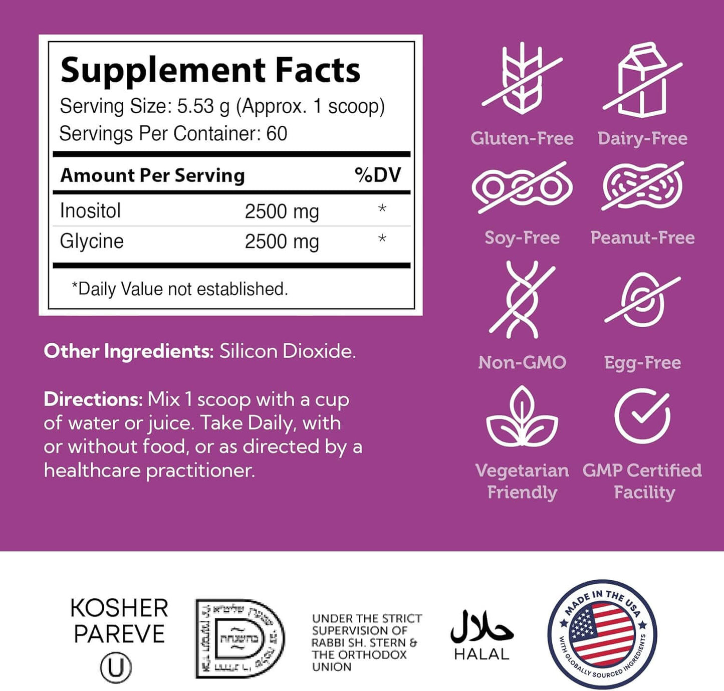 Inositol Powder Supplement Facts Myo Inositol and Glycine Dosage Panel