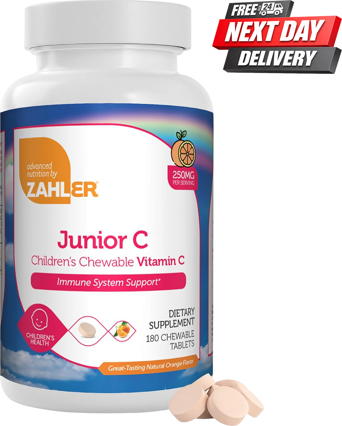 Zahler Junior C chewable vitamin C for kids bottle, 250mg orange-flavoured tablets, 180 count