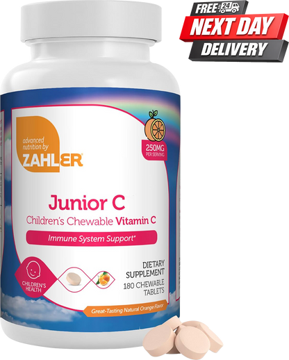 Zahler Junior C chewable vitamin C for kids bottle, 250mg orange-flavoured tablets, 180 count