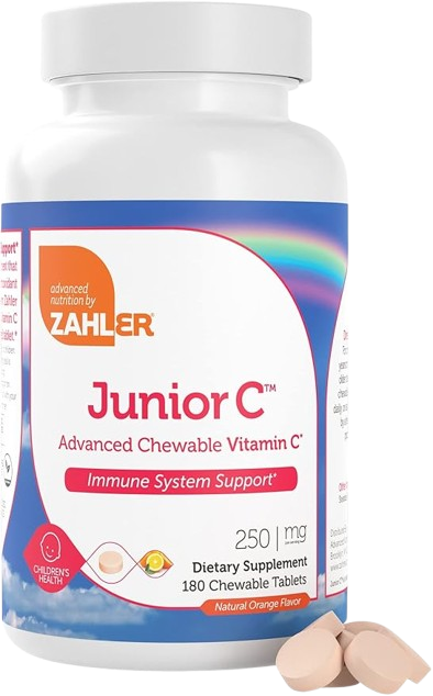 Junior C kids vitamin C tablets label showing antioxidant and immune system booster