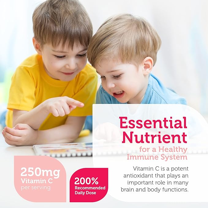 Junior C supplement facts panel showing 250mg vitamin C dose for kids