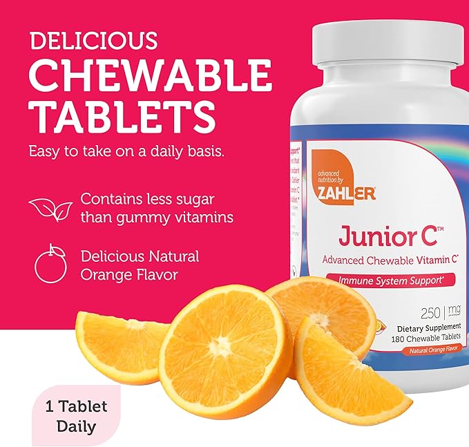 Orange-flavoured Junior C chewable vitamin C tablets for kids immune support