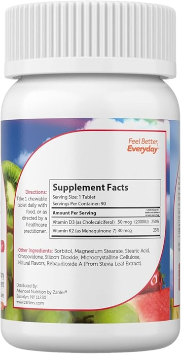 Junior D3 K2 Chewable Tablets Bottle for Children's Bone and Calcium Support