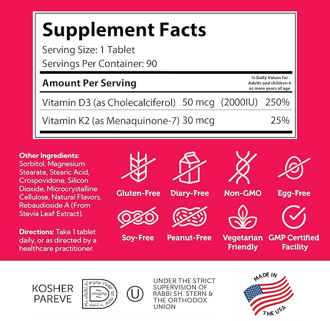 Junior D3 K2 90 Tablets Bottle Side Label – Kosher and Halal Kids Formula