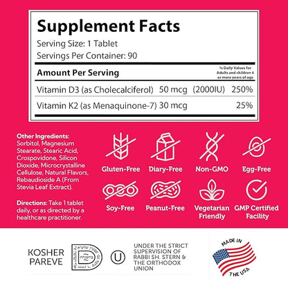 Junior D3 K2 90 Tablets Bottle Side Label – Kosher and Halal Kids Formula