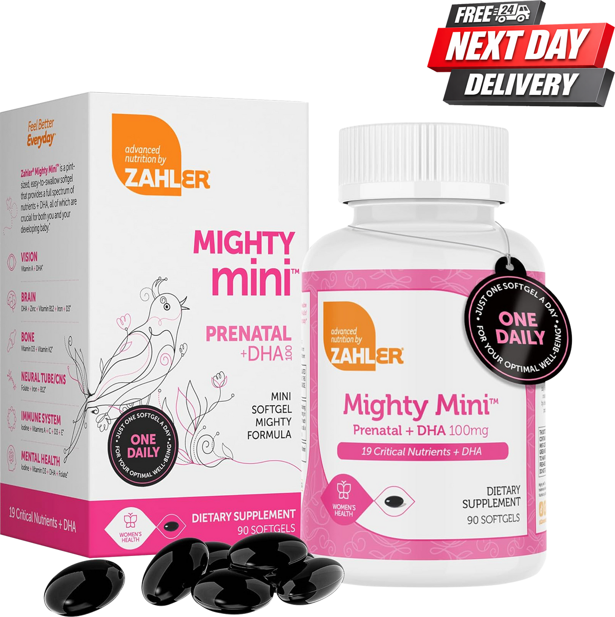 Mighty Mini Prenatal Vitamins bottle with DHA and folate, 90 softgels