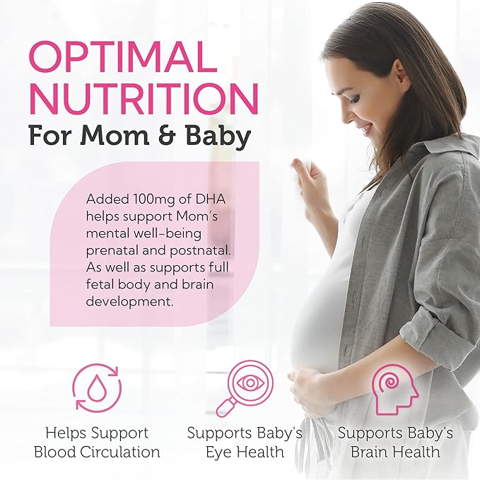 Supplement facts label for Mighty Mini Prenatal showing DHA and methylfolate content