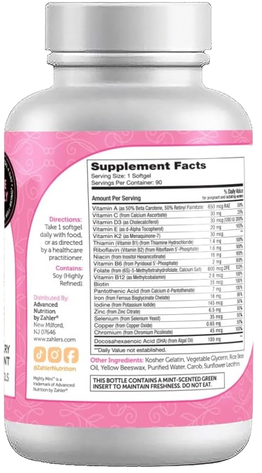 Mighty Mini Prenatal ingredients infographic for prenatal vitamins with folate