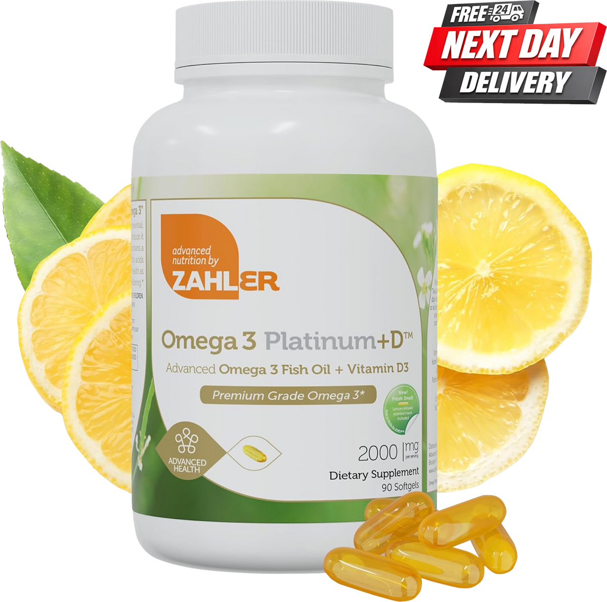 Zahler Omega 3 fish oil capsules bottle with Vitamin D3, EPA DHA, 90 softgels