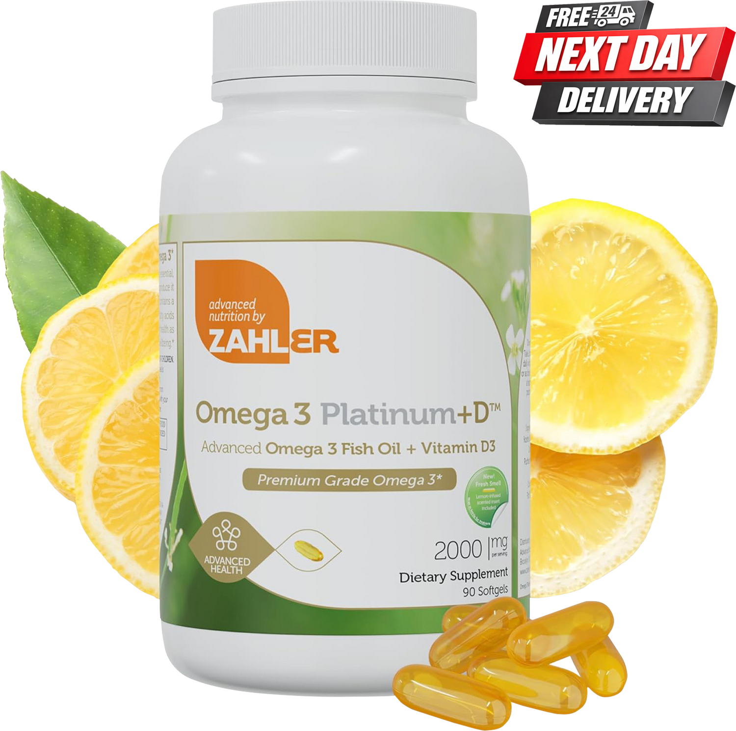 Zahler Omega 3 fish oil capsules bottle with Vitamin D3, EPA DHA, 90 softgels