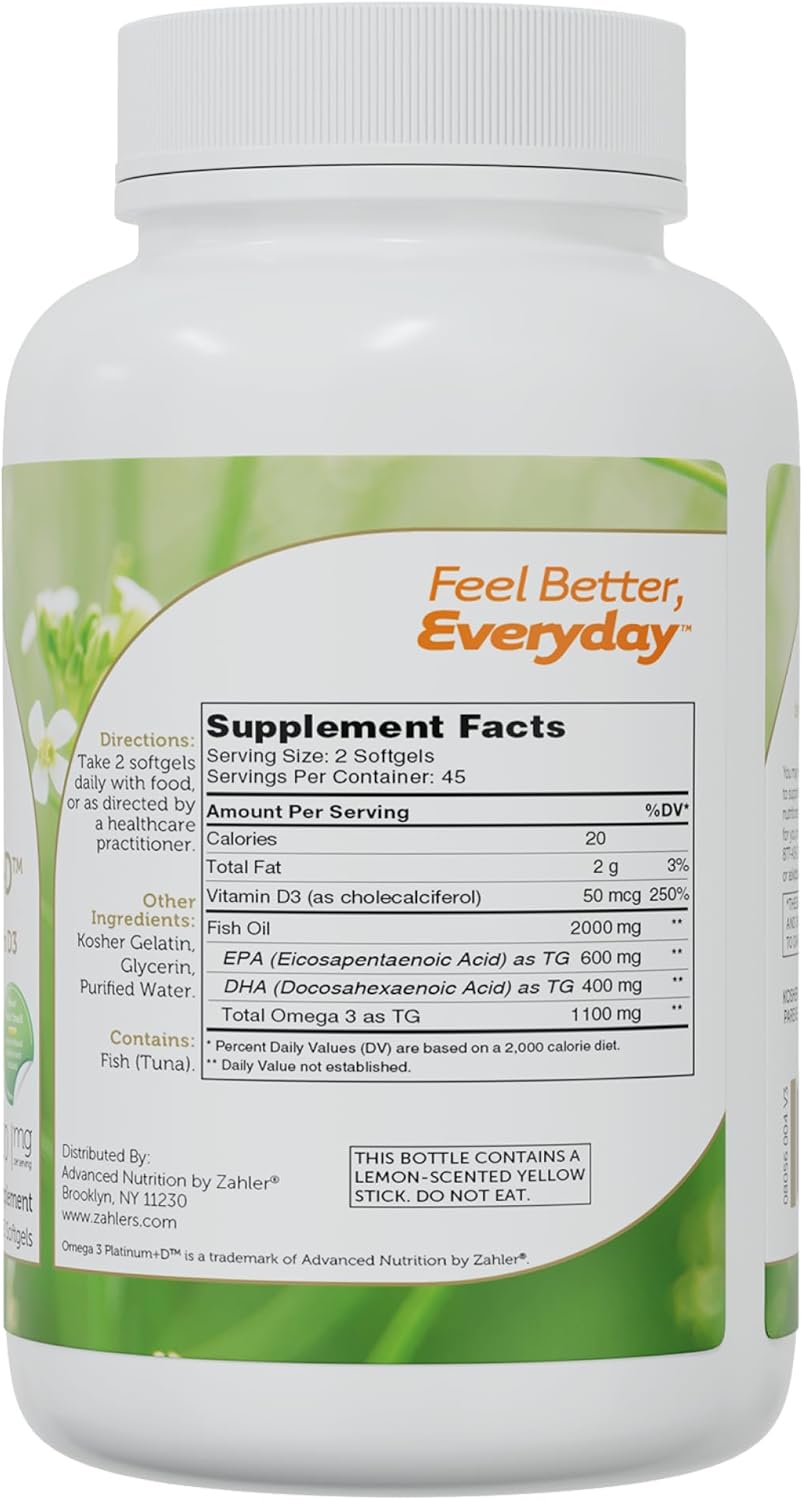 Omega 3 supplement facts panel showing EPA, DHA and Vitamin D3 per serving