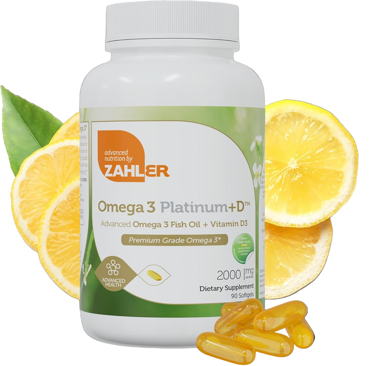 Zahler Omega 3 fish oil capsules bottle badges: Kosher, Halal, Non-GMO and Gluten-Free