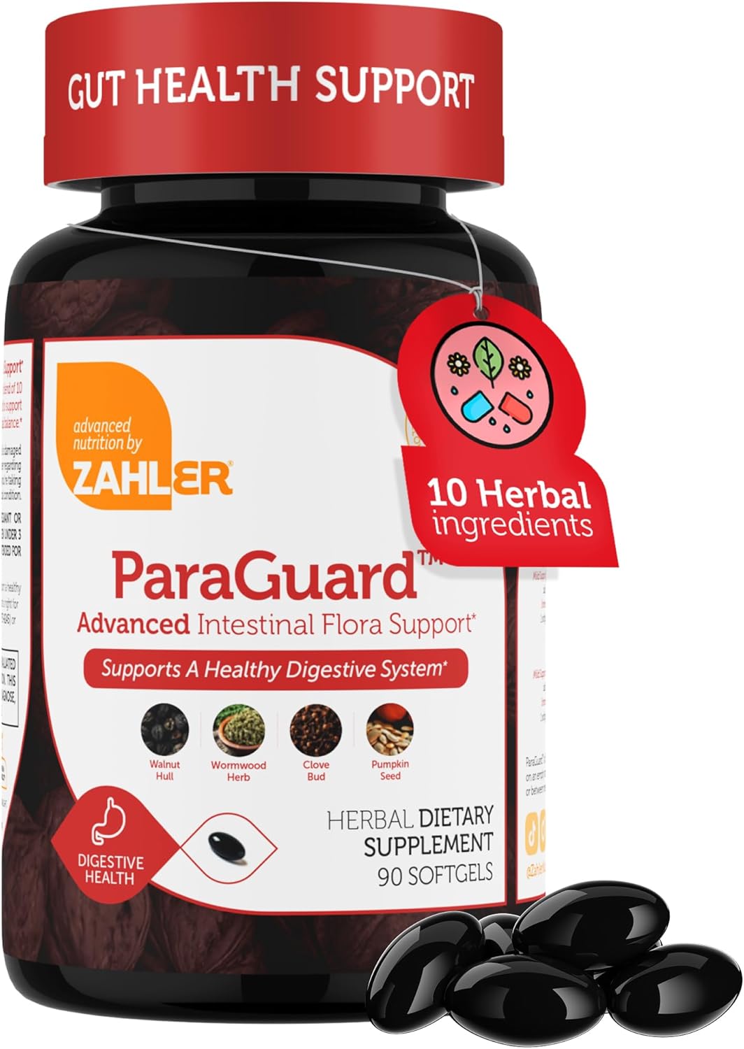 ParaGuard gut health supplement label showing pumpkin seed, wormwood and garlic softgels