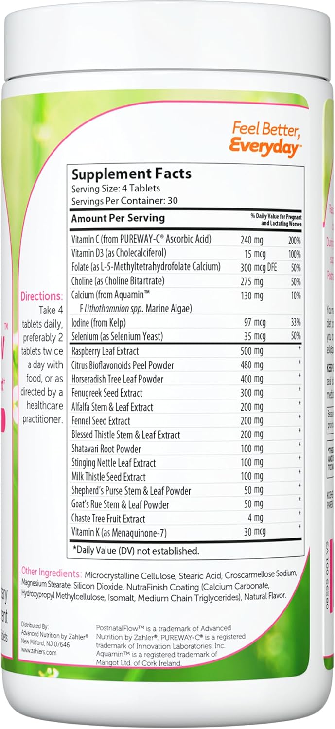 PostnatalFlow 120 Tablets Bottle Side Label – Kosher and Halal Lactation Formula