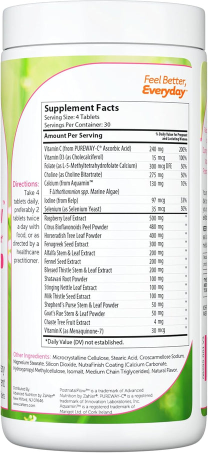 PostnatalFlow 120 Tablets Bottle Side Label – Kosher and Halal Lactation Formula