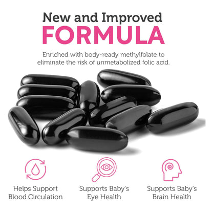 Supplement facts label for Prenatal DHA300 showing 300mg DHA and folate