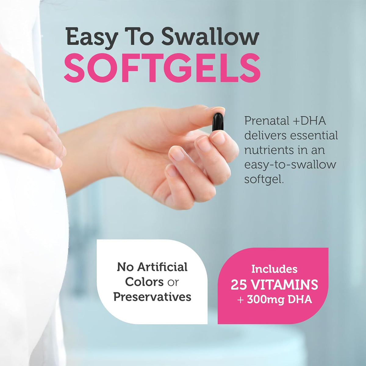 Prenatal DHA300 ingredients infographic for pregnancy vitamins with folate