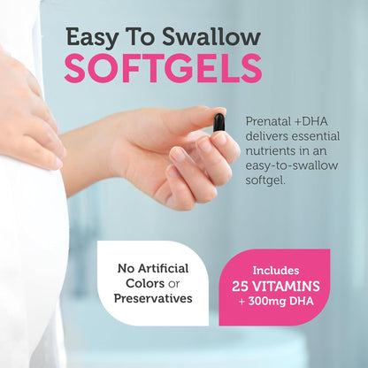 Prenatal DHA300 ingredients infographic for pregnancy vitamins with folate