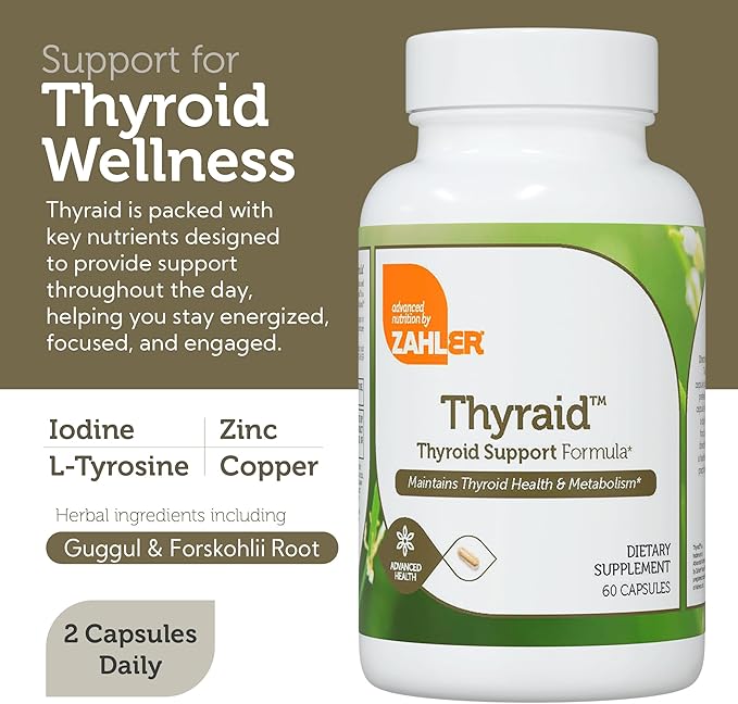 Thyraid supplement facts panel listing iodine, zinc and L-Tyrosine for thyroid support