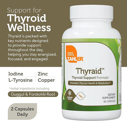 Thyraid supplement facts panel listing iodine, zinc and L-Tyrosine for thyroid support