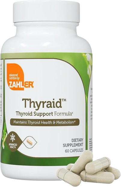 Zahler Thyraid capsules bottle showing thyroid support supplement for energy and wellness