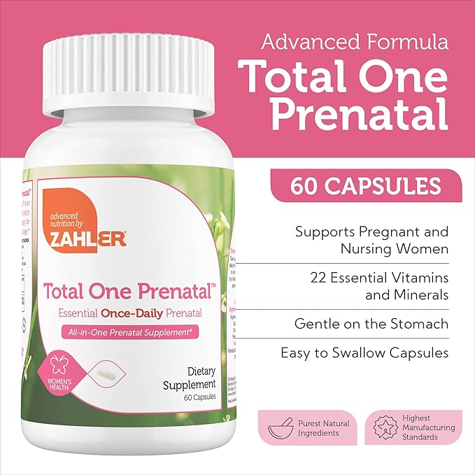 Supplement facts label for Total One Prenatal showing folate, iron and vitamin D3