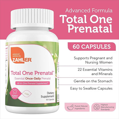Supplement facts label for Total One Prenatal showing folate, iron and vitamin D3