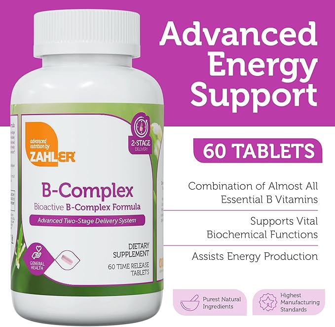 Vitamin B complex tablets label showing bioactive B1, B2, B3, B6, B12 formula