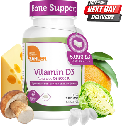 Zahler Vitamin D3 5000 IU High Strength Softgels for Bone and Immune Health