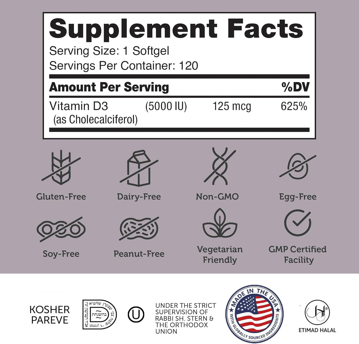 Vitamin D3 5000 IU Bottle Side Label – Kosher and Halal Supplement Formula