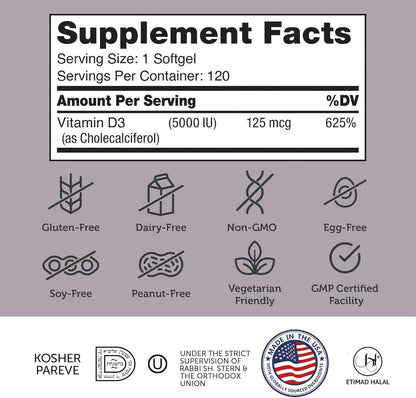Vitamin D3 5000 IU Bottle Side Label – Kosher and Halal Supplement Formula