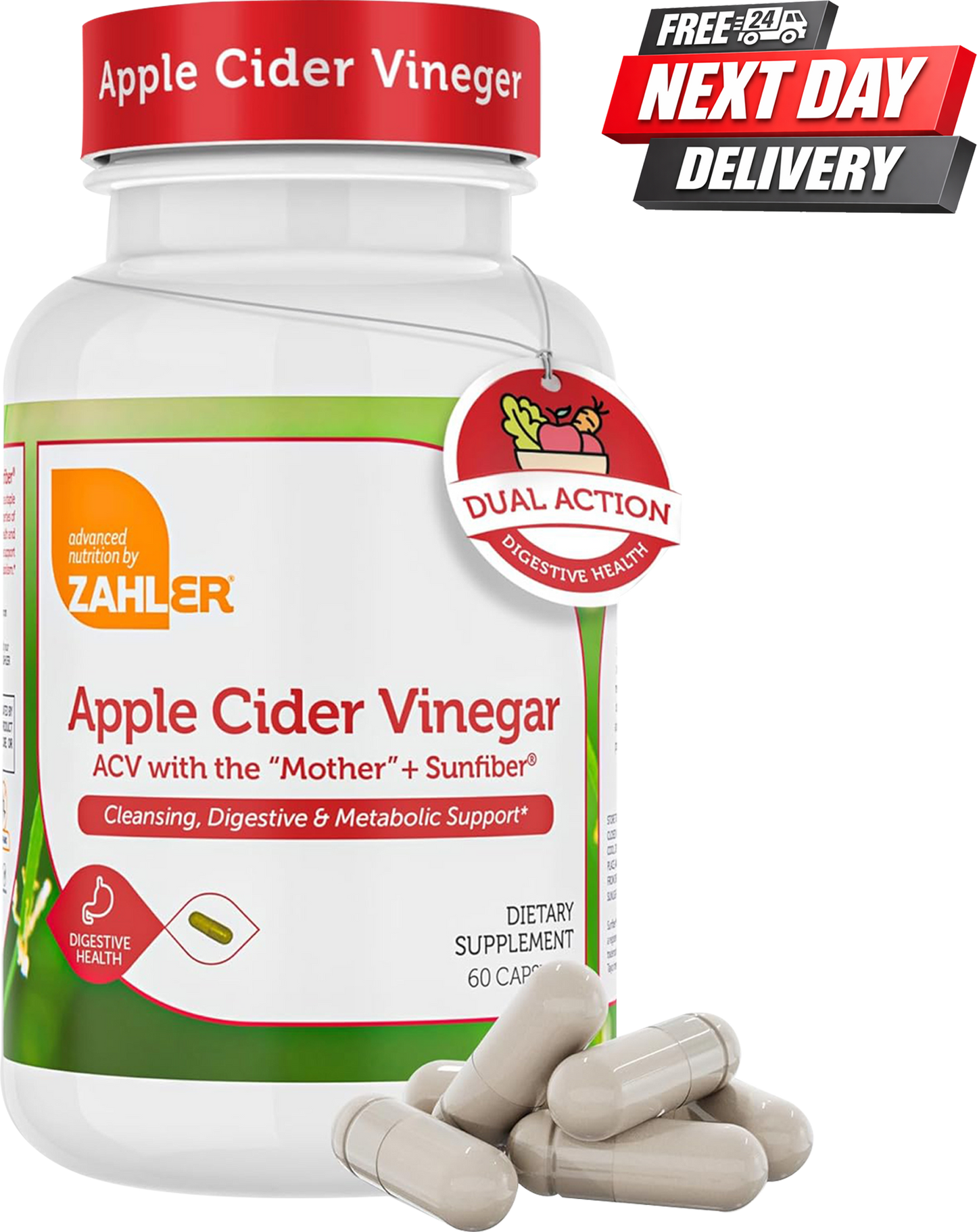 Zahler Apple Cider Vinegar Capsules Bottle with Sunfiber, 60 Count
