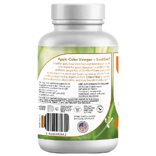 Apple Cider Vinegar Capsule Bottle Angled View Showing Sunfiber Digestive Support Label