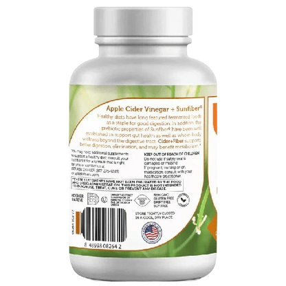 Apple Cider Vinegar Capsule Bottle Angled View Showing Sunfiber Digestive Support Label