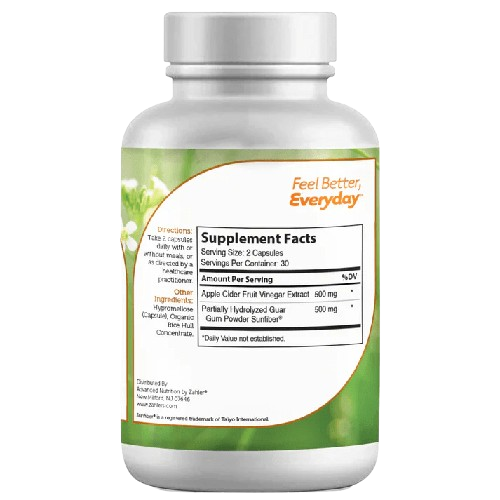 Supplement Facts Panel for Apple Cider Vinegar Capsules Showing Sunfiber Fibre Dosage