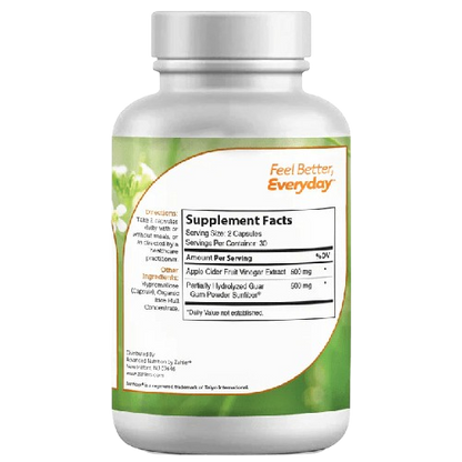 Supplement Facts Panel for Apple Cider Vinegar Capsules Showing Sunfiber Fibre Dosage