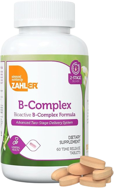 Zahler B-Complex tablets bottle showing two-stage delivery vitamin B formula for men and women