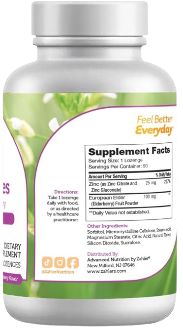 Zinc Elderberry Lozenges Bottle Angled View Showing Zinc Supplement Label and Immune Support Dosage