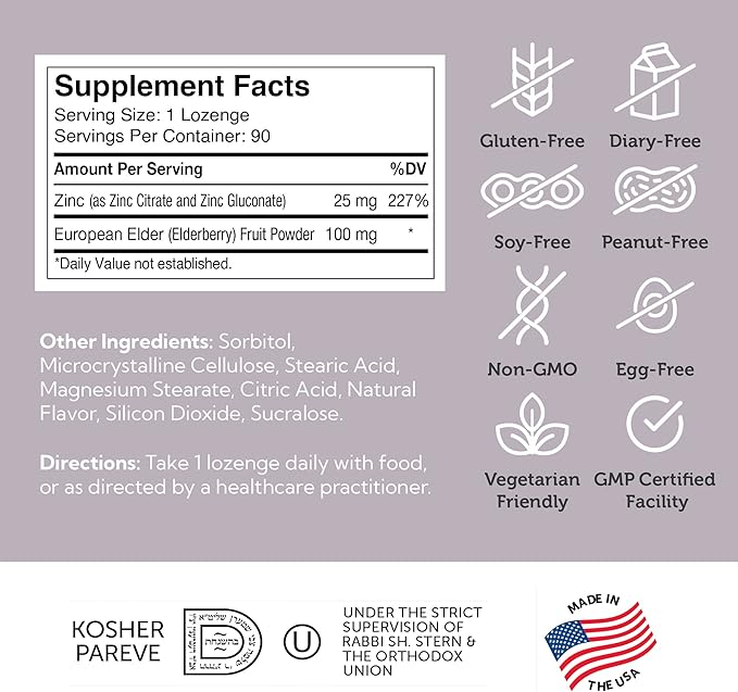 90 Count Bottle of Zahler Zinc Elderberry Lozenges Showing Lozenge Size and Quantity